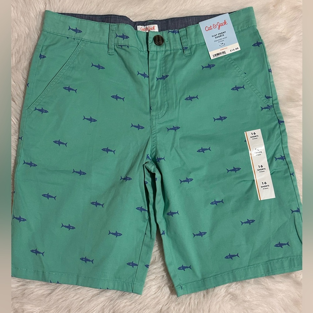 Cat & Jack - NWT Green with Blue Shark Print Flat Front Shorts Boys Size 16